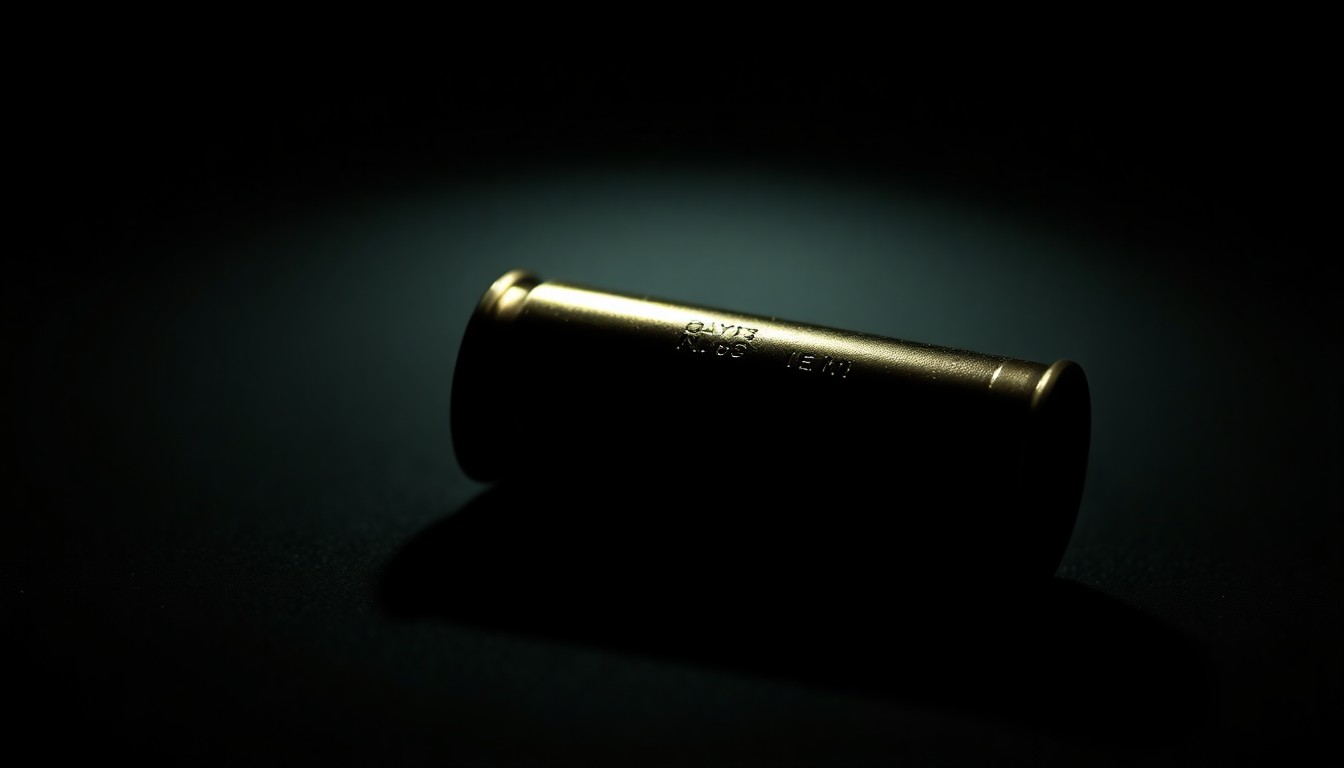 An extreme close-up photograph of a small, metallic object related to the crime, such as a spent shell casing, lit by a harsh, direct camera flash against a pitch-black background, creating a stark, gritty, investigative aesthetic.