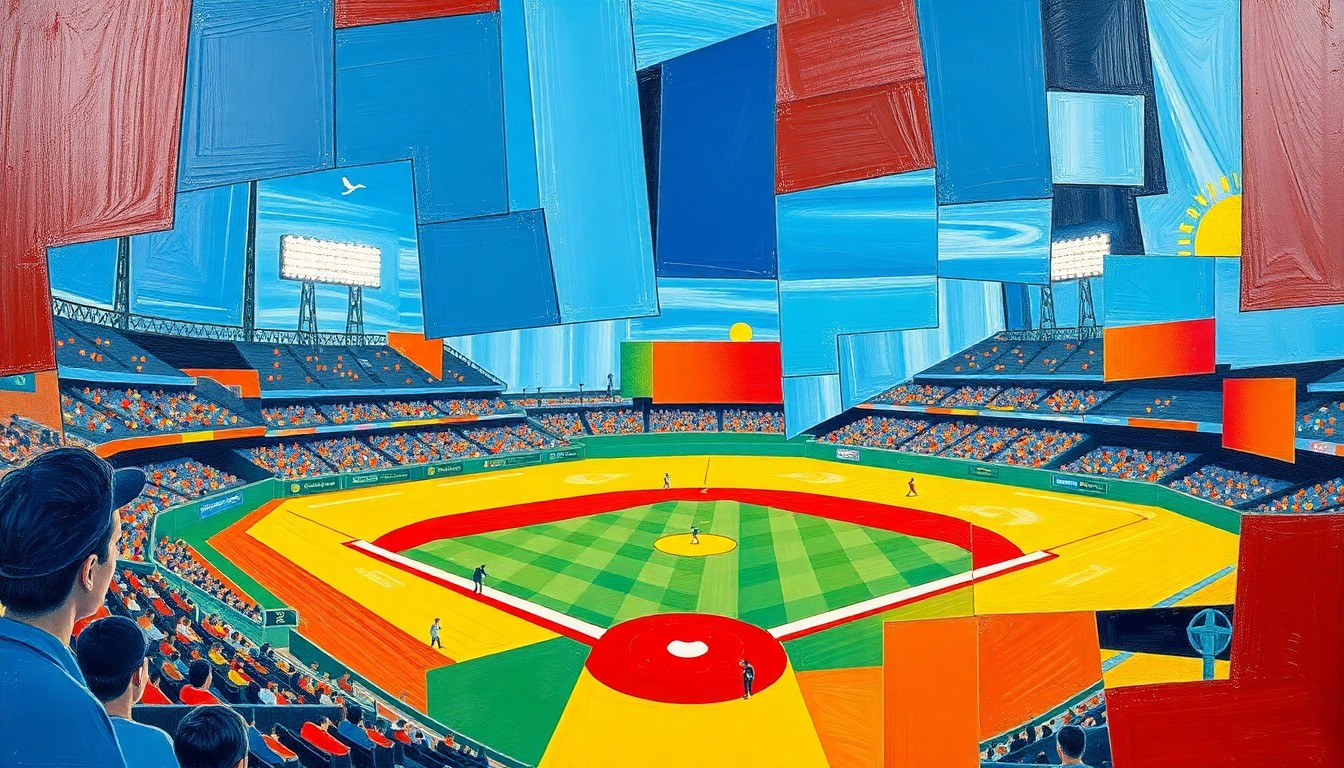 A fragmented, geometric painting depicting the chaotic energy of a high-stakes baseball game, with sharp planes of color and overlapping perspectives capturing the intensity of the moment.