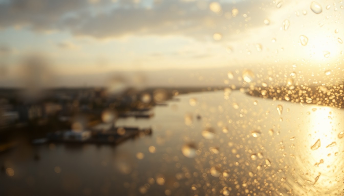 An impressionistic, blurred landscape of a riverfront property, with the water and sky blending together in a hazy, dreamlike composition of warm, golden tones.