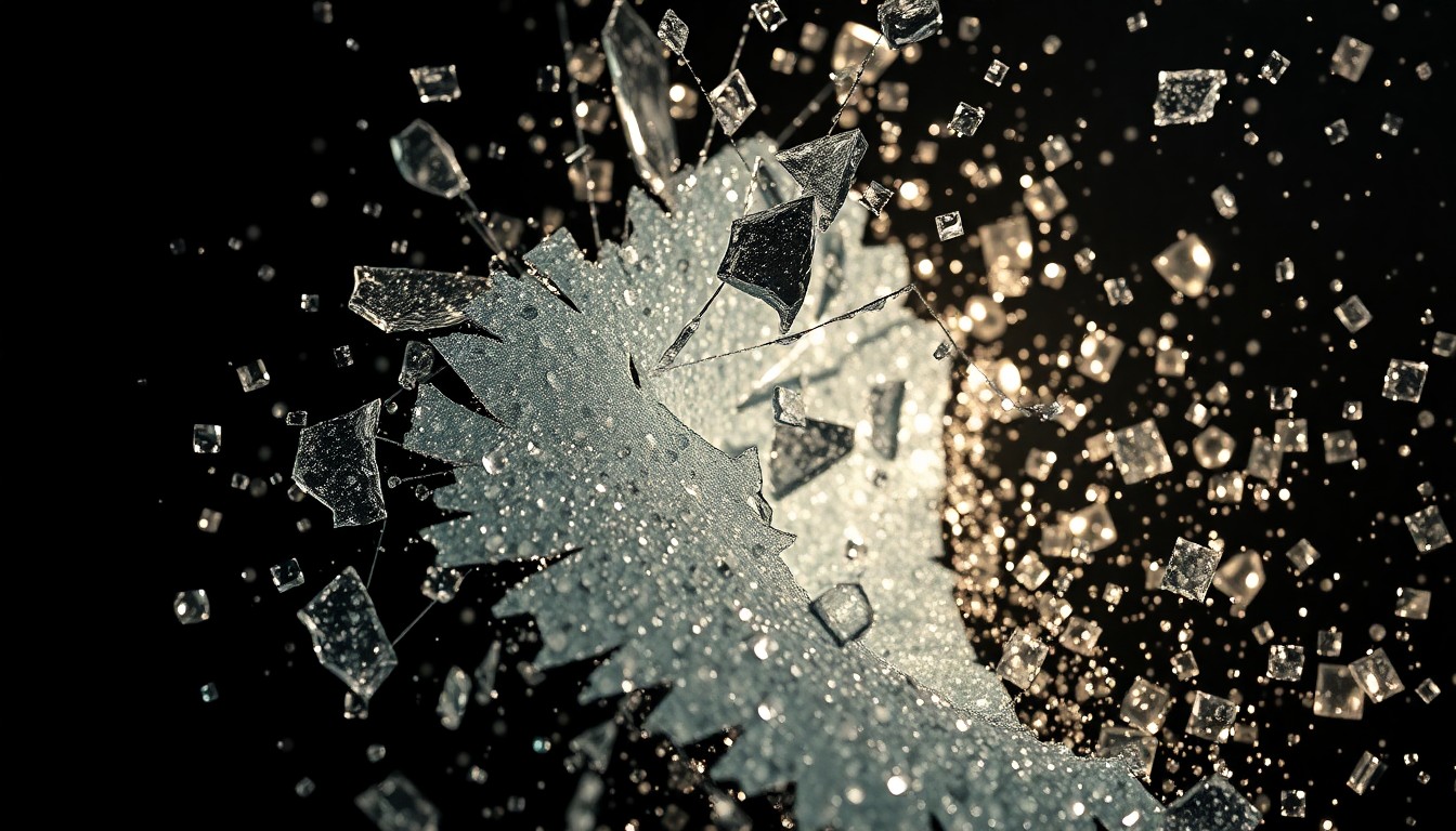 An extreme close-up of shattered glass and glittering sequins in dramatic studio lighting, conceptually representing the high-stakes, glamorous nature of the crime thriller series.