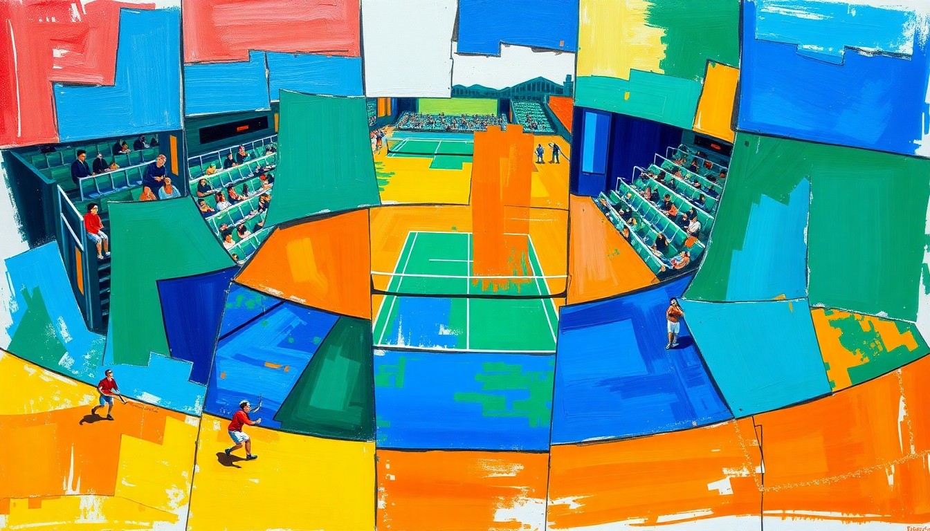 A fragmented, cubist-style painting depicting a tennis match or tournament, with sharp geometric shapes and planes in vibrant colors like blue, green, and orange, conveying the intensity and complexity of elite-level tennis.