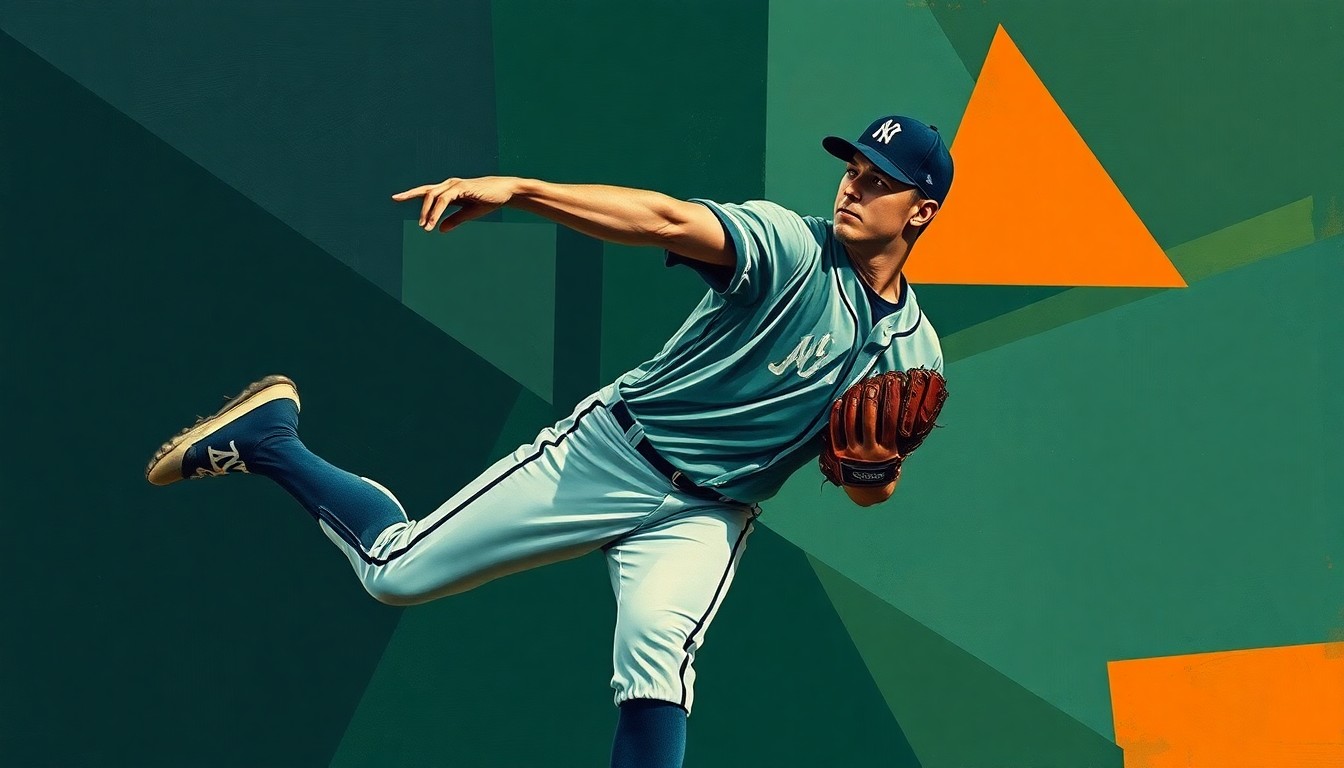 A cubist-style painting depicting a baseball pitcher's motion broken down into overlapping geometric shapes in muted tones of navy, forest green, and burnt orange, representing the strategic complexity of the Orioles' offseason decisions.
