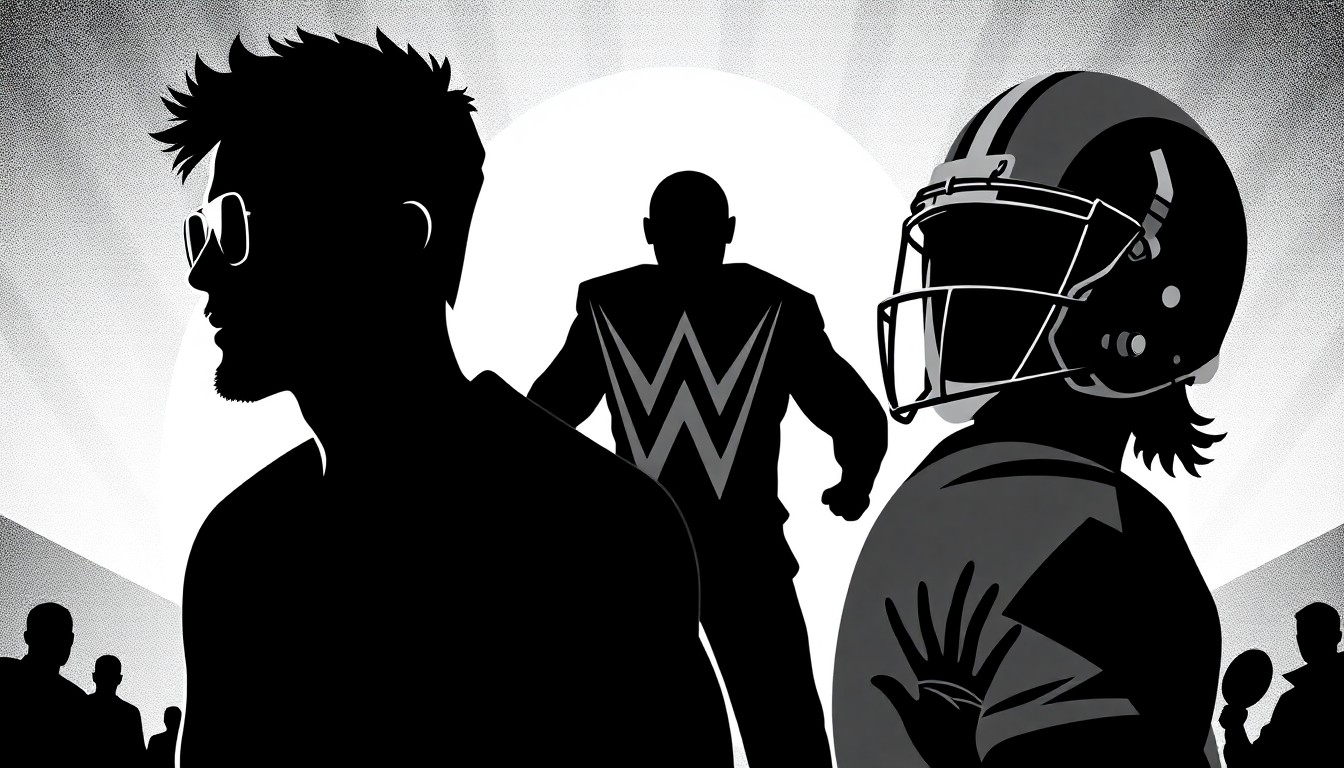 An abstract, minimalist illustration featuring sharp, jagged geometric shapes in contrasting black and white, representing the tension and conflict between the two celebrities, with the WWE's influence subtly suggested in the background.