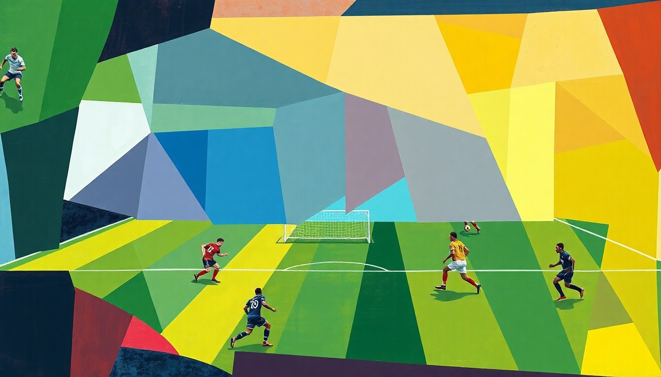 A cubist, geometric painting depicting a football game or match broken down into overlapping planes of color and abstract shapes, capturing the dynamic energy of the sport.