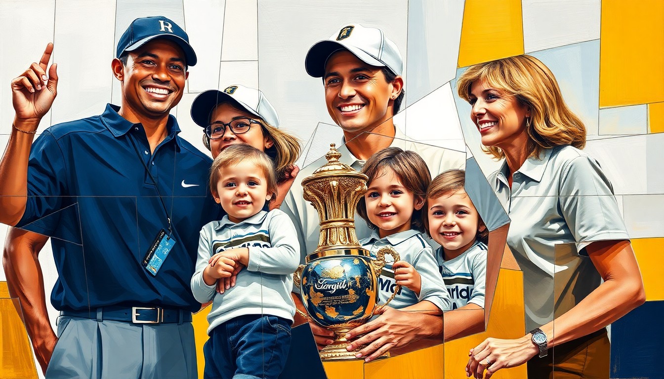A cubist-style painting depicting a family portrait of Tiger Woods, Elin Nordegren, and their children, with the figures broken down into sharp, overlapping geometric shapes in navy, white, and gold colors, capturing the celebratory energy of a golf championship.