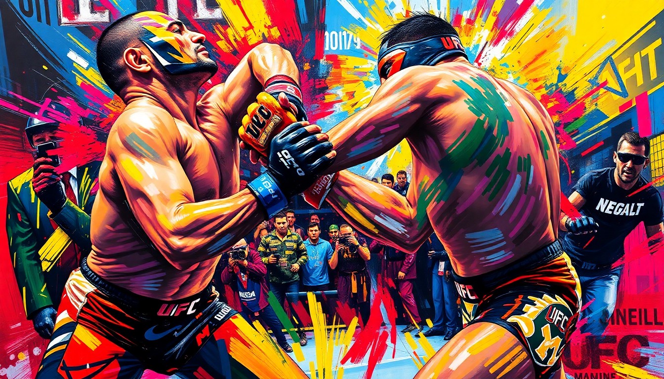 An abstract, expressionist painting in vibrant neon colors depicting the intense grappling and striking movements of two MMA fighters in the midst of a high-energy battle.