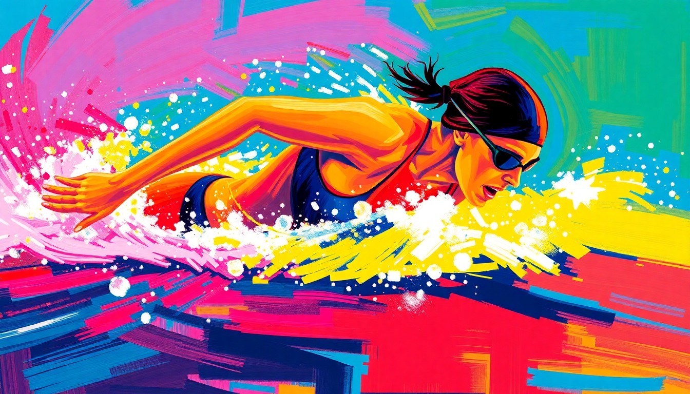 An abstract painting in bright neon colors, with rapid brushstrokes evoking the powerful movements of a female swimmer cutting through the water.