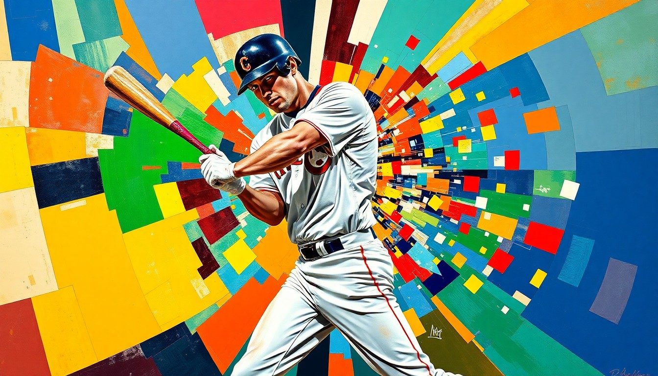A fractured, geometric painting depicting a baseball player's check swing and the shattering of their bat, with sharp, overlapping planes of color representing the dynamic motion and unexpected outcome of the play.