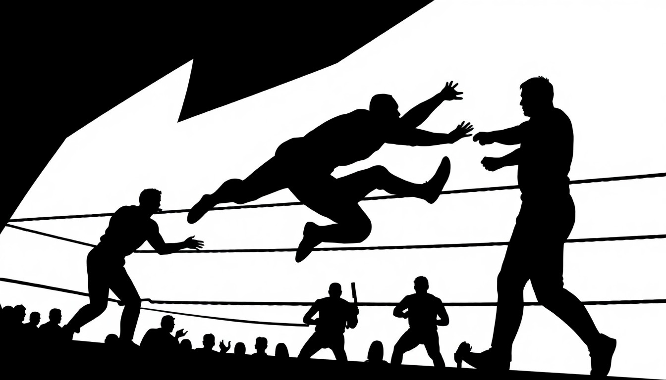 An abstract, minimalist illustration featuring sharp, angular black silhouettes against a stark white background, conceptually representing the risks and tensions in professional wrestling.
