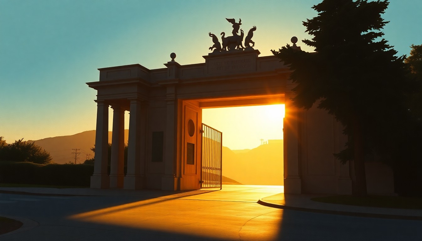A serene, cinematic painting of the Presidio Gate in San Francisco, with the iconic archway framed by warm, golden sunlight and deep shadows, capturing the site's timeless beauty and the uncertainty surrounding its future.