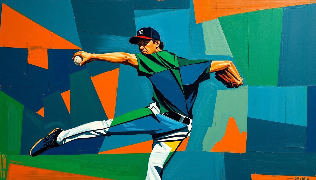 A cubist-style painting depicting a baseball pitcher's motion broken down into sharp, overlapping geometric shapes in vibrant colors, conveying the idea of potential and transformation in the minor leagues.