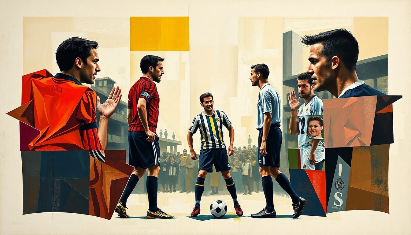 A cubist-style painting depicting a soccer player confronting a referee, with the figures broken down into sharp, overlapping geometric shapes and planes, conveying the intensity and multiple viewpoints of the interaction.
