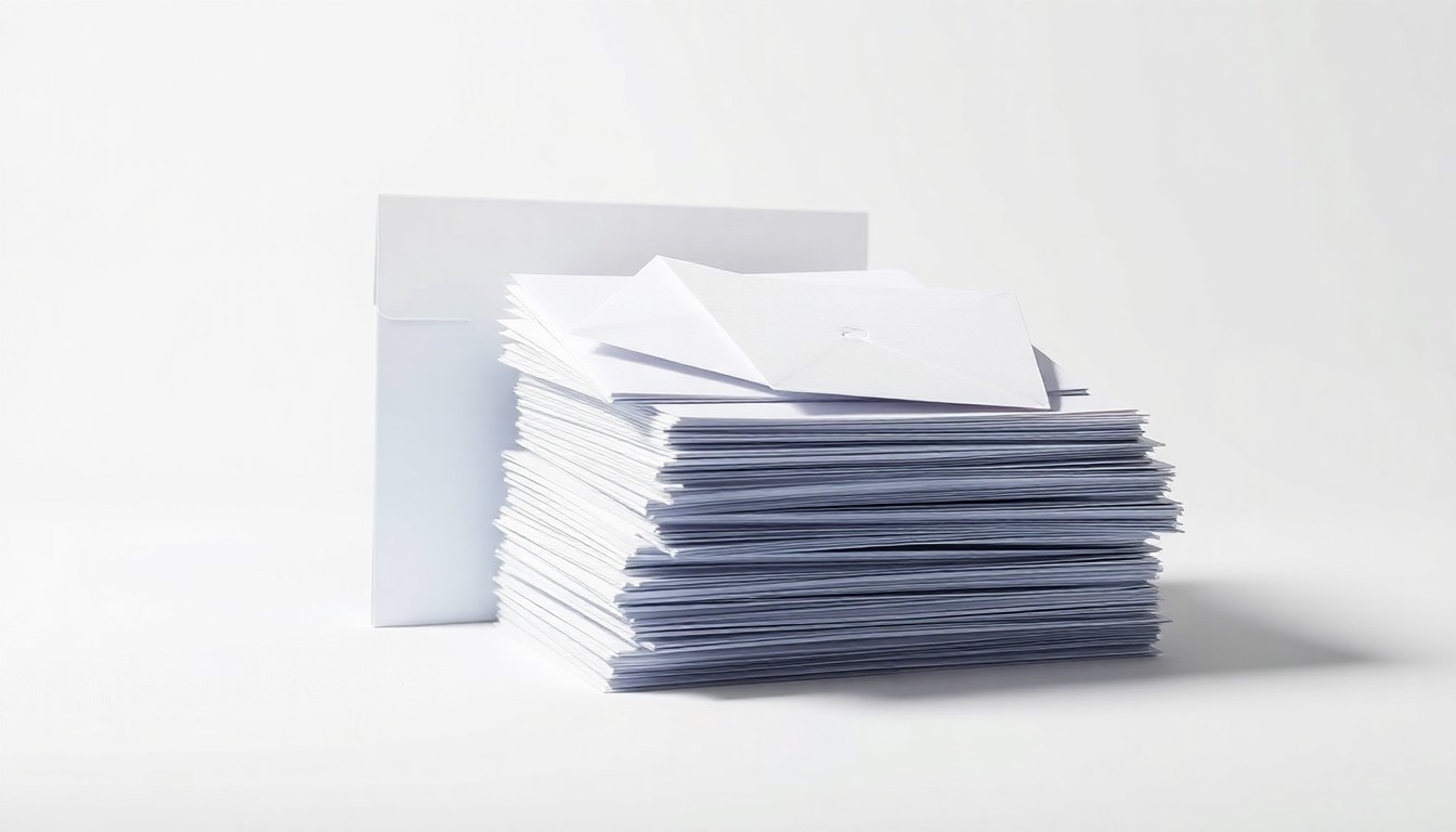 A close-up view of a stack of neatly organized envelopes and documents, representing the paperwork and claims process for a $40 million settlement over trash collection overcharges. The objects are arranged in a clean, minimalist studio setting with dramatic lighting, conveying a sense of corporate finance and strategy.