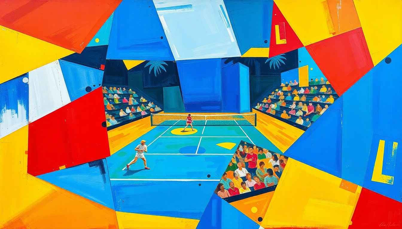 A fractured, multi-perspective painting in vibrant colors, breaking down a tennis match or competition into sharp, overlapping geometric planes, capturing the sport's dynamic energy and movement.