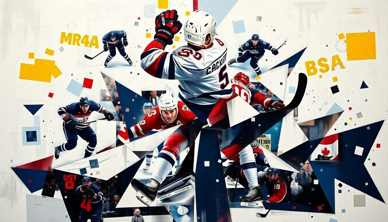 A fractured, multi-perspective painting depicting the chaotic final moments of the USA vs. Canada hockey gold medal game, with Charlie McAvoy's body and the puck represented as sharp, overlapping geometric shapes, capturing the intensity and importance of his game-saving defensive play.