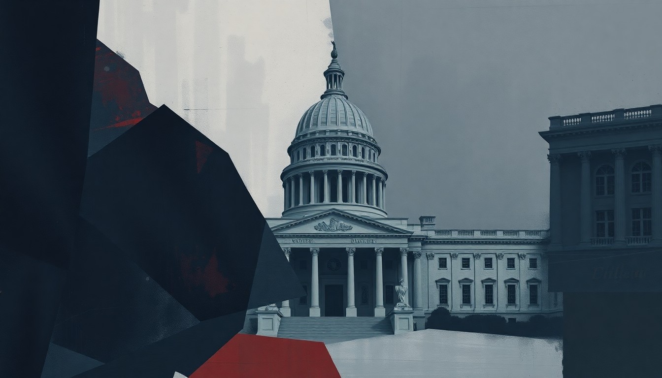 A conceptual illustration featuring overlapping, fractured geometric shapes in shades of grey, navy, and red, representing the disruption and change surrounding the UK's new Fair Work Agency and its impact on the employment landscape.