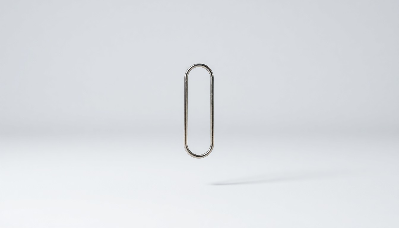 A high-end, photorealistic studio still-life photograph featuring a single polished metal paperclip floating on a clean, white seamless background, conceptually representing the stark contrast between Jeff Bezos's modest salary and his massive personal wealth.