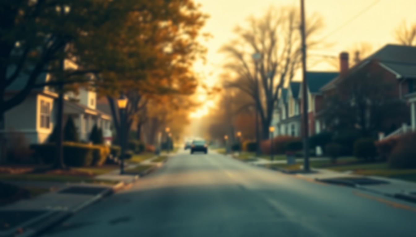 A hazy, impressionistic scene of a residential street in Scarsdale, with soft pools of warm light and muted colors, conveying the wistful emotions of longtime residents considering whether to stay or leave their beloved neighborhood.