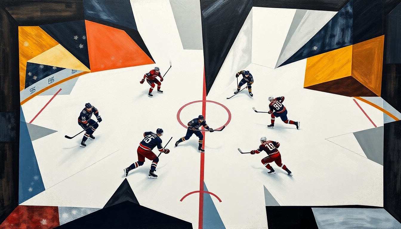A fractured, geometric painting depicting the movements and actions of a hockey game, with sharp, overlapping planes and lines representing the players and the puck's trajectory, creating a dynamic and abstract visual representation of the game's intensity.