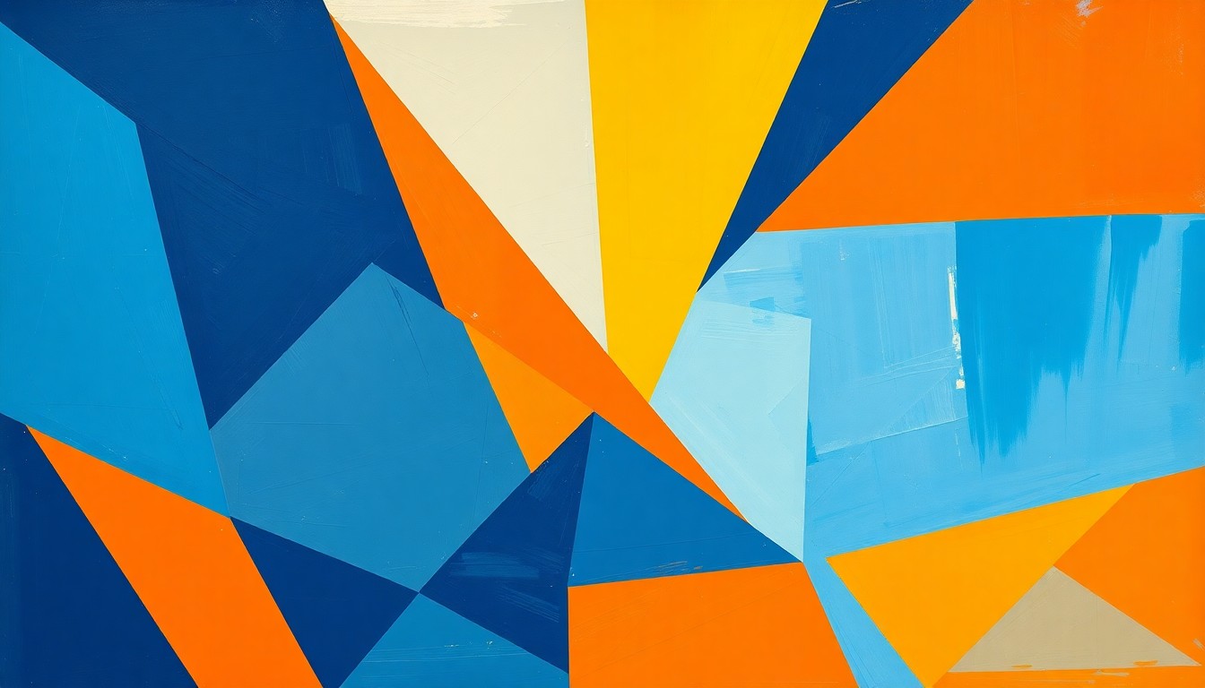 A cubist, geometric painting depicting a fragmented WNBA basketball practice, with sharp planes of navy, sky blue, and bright orange intersecting to capture the energy and intensity of the sport.