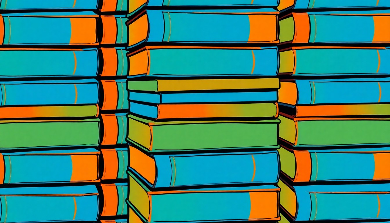 A brightly colored, high-contrast silkscreen print of a stack of textbooks in vibrant shades of blue, green, and orange, repeated in a tight grid pattern, conceptually representing the polarized discussion around the federal government's role in education policy.
