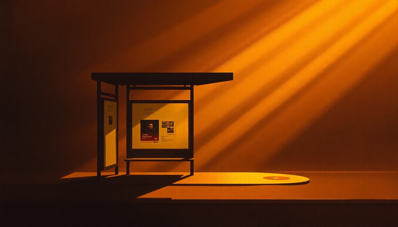 A serene, cinematic painting depicting a solitary bus shelter or transit stop in warm, golden light, conveying a sense of urban nostalgia and the importance of accessible public transportation.