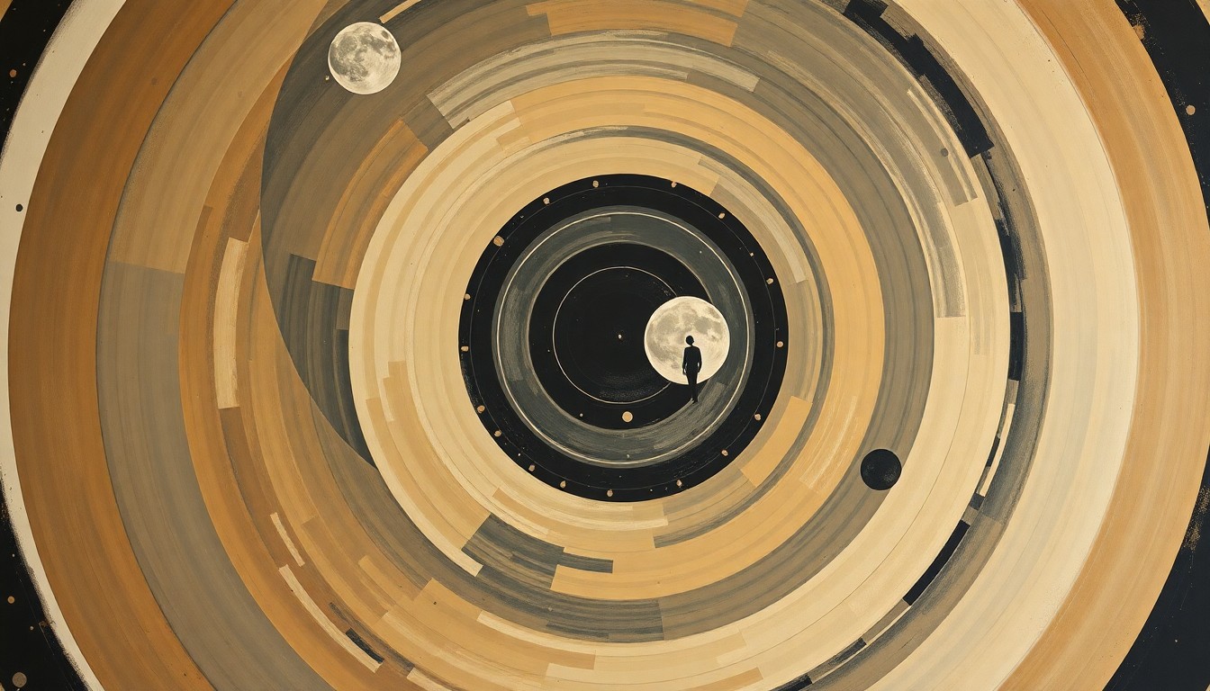 A bold, abstract painting in earthy tones featuring sweeping geometric arcs, concentric circles, and precise celestial spirals, conceptually representing the grandeur and complexity of the Artemis II mission's journey to the moon and back.