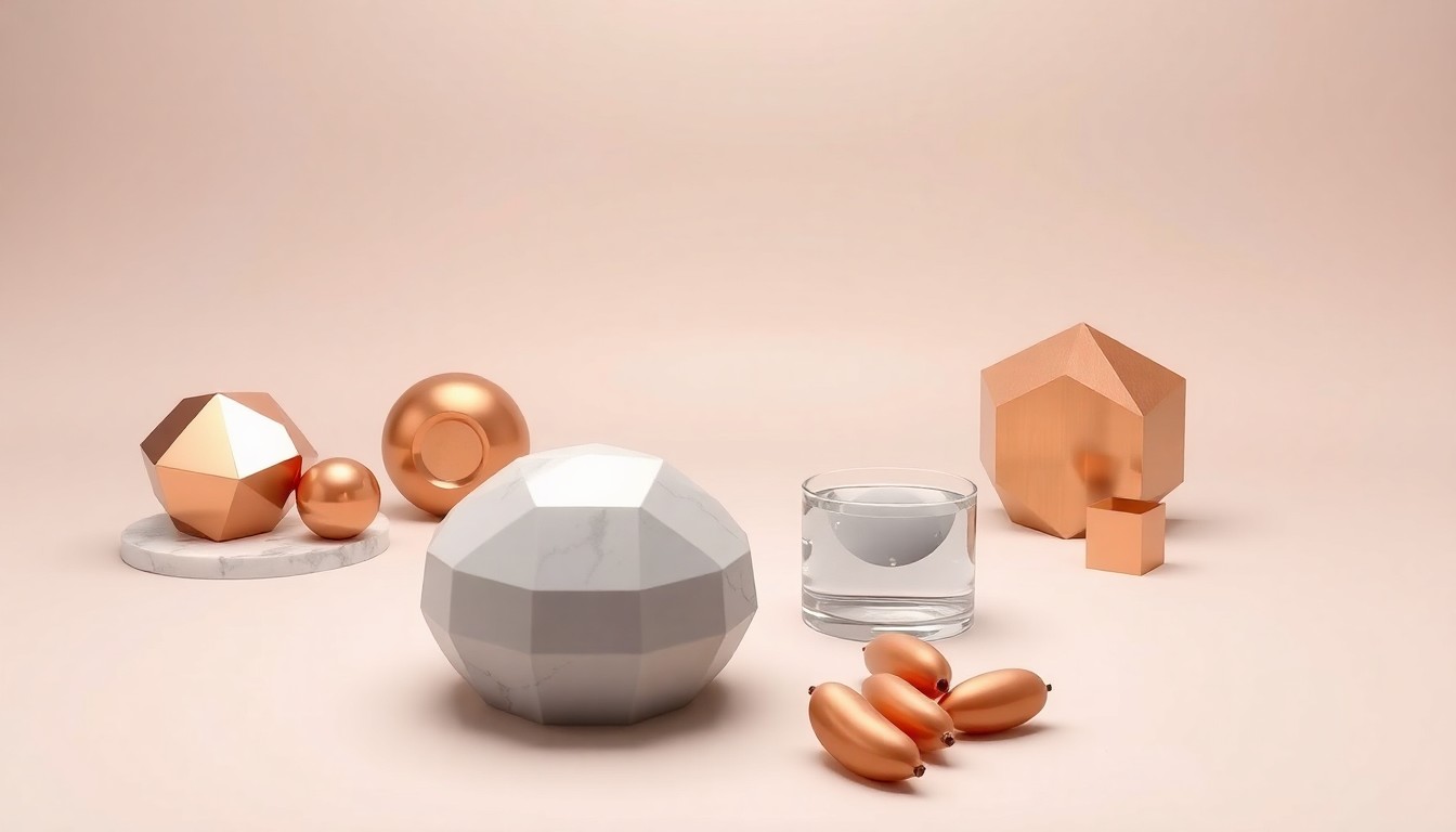 A high-end, photorealistic studio still-life photograph featuring a collection of polished, geometric objects made from premium materials like copper, marble, and glass, arranged elegantly on a clean, monochromatic seamless background to symbolize the mature, irrigated longan grove and its future development potential.