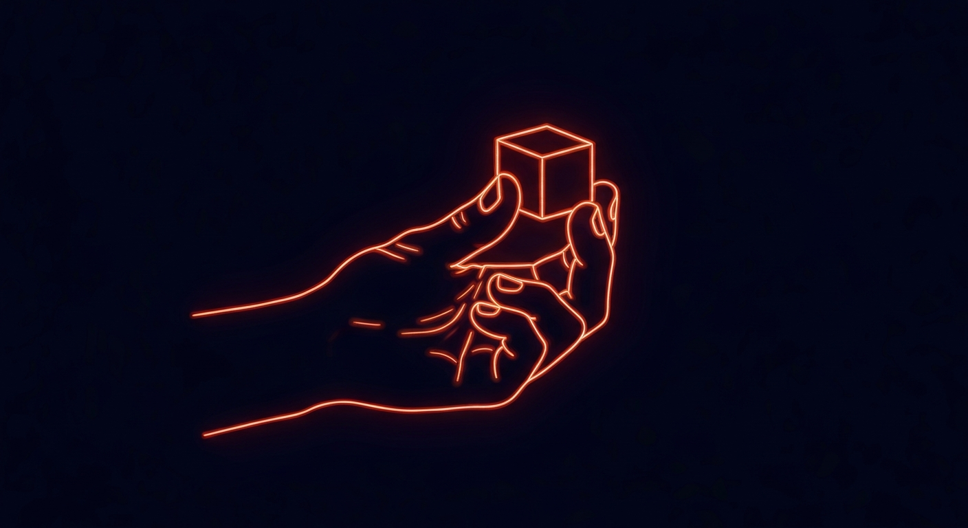 A minimalist neon outline illustration depicting a hand holding a fudge cube, symbolizing the resilience and determination of a Cornish fudge maker facing a debilitating nerve condition.