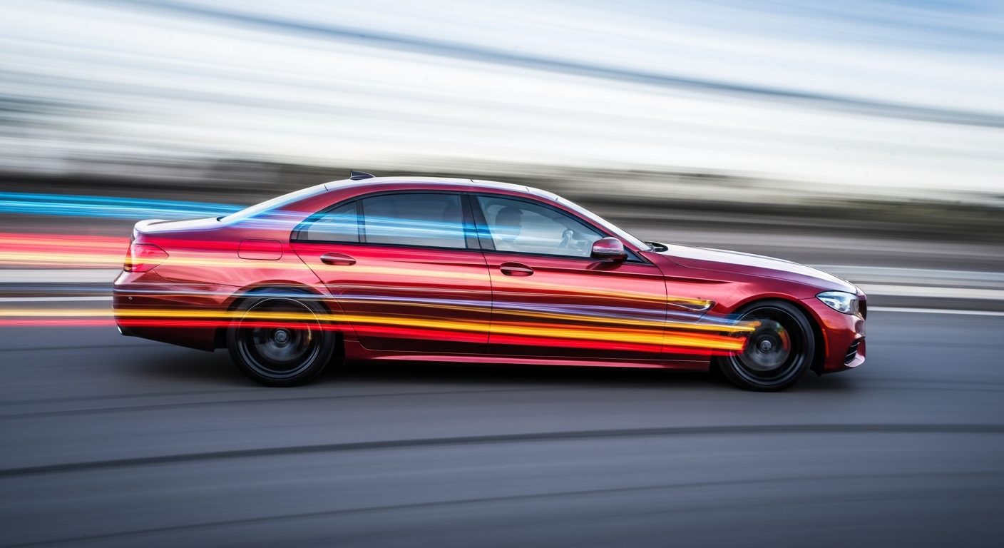 An abstract, colorful image of a German luxury sedan captured in motion, with blurred lines and streaks of vibrant hues conveying a sense of speed and energy.
