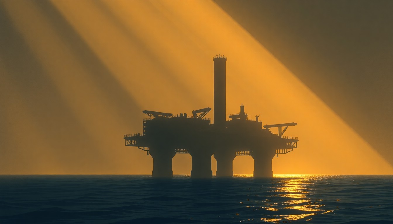 A serene, photorealistic painting of an offshore oil platform in the North Sea, with the platform's silhouette casting long shadows across the calm waters under a warm, golden sunset sky. The scene evokes a sense of quiet contemplation about the role of fossil fuels in the energy transition.