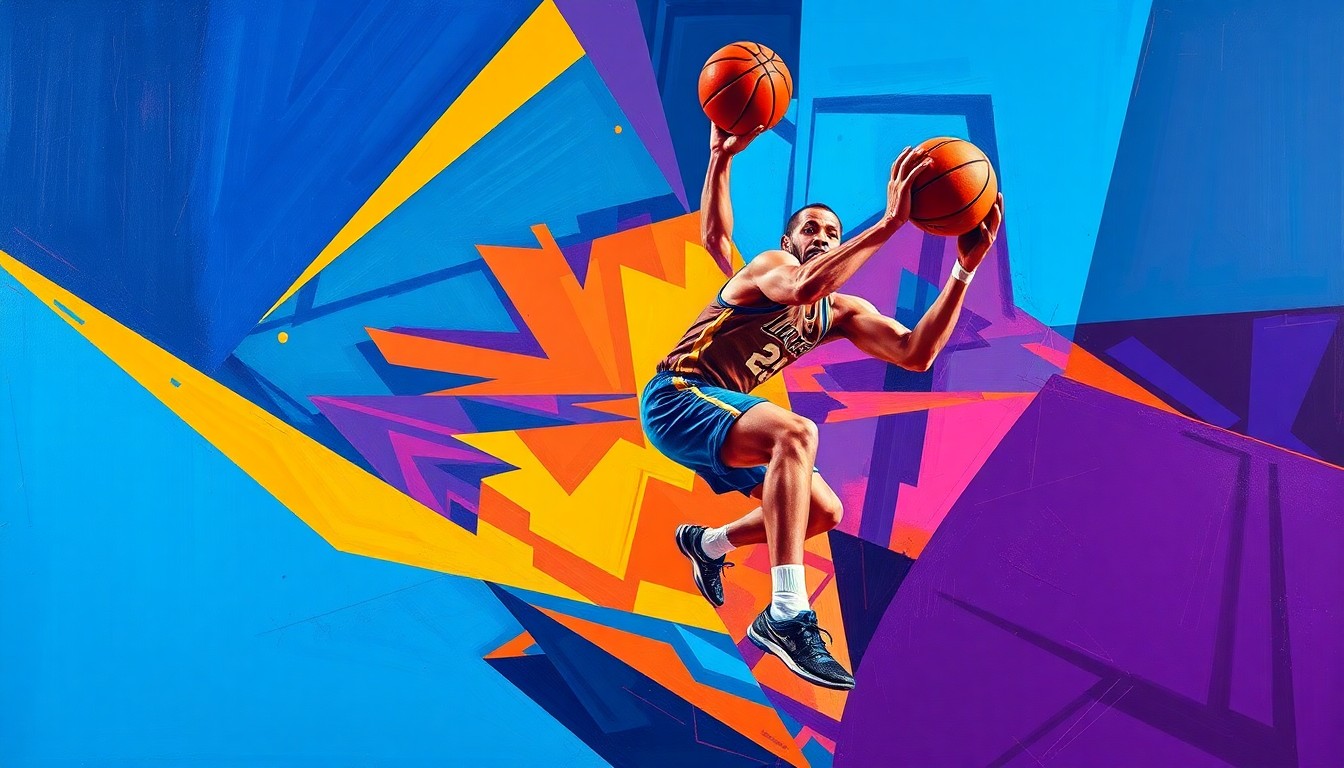 A fragmented, geometric painting depicting a basketball player in motion, with sharp, overlapping shapes and vibrant colors representing the energy and skill of the subject.
