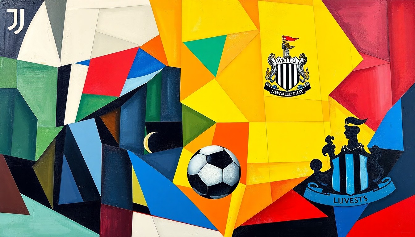 A cubist, geometric painting depicting fragmented, overlapping shapes and planes in the team colors of Juventus, Ajax, Eintracht Frankfurt, and Newcastle United, capturing the dynamic energy and visual complexity of a football match or competition.