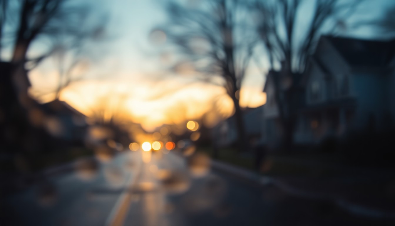 An impressionistic, out-of-focus scene of a residential street in Oyster Bay at dusk, with blurred silhouettes of homes and trees in warm, soft pools of light, conveying the mood of a community grappling with affordability challenges.
