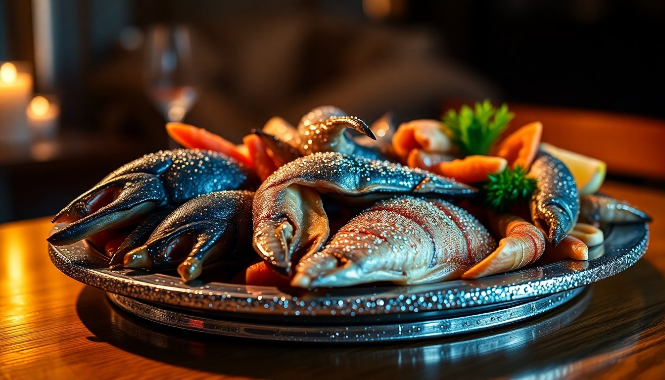 An extreme close-up of a lavish seafood platter on a polished wooden table, with dramatic lighting creating a high-contrast, glamorous texture that evokes the couple's elegant birthday dinner.