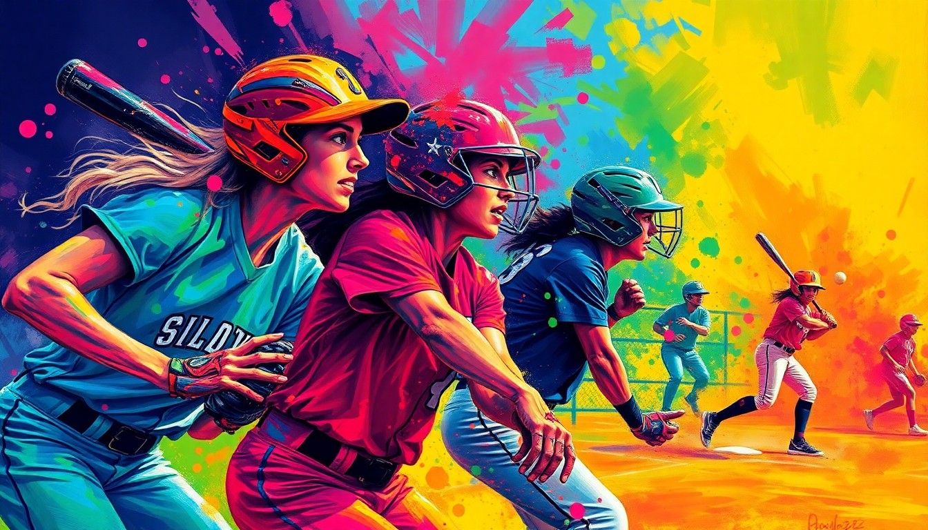 An abstract, expressionist painting in vibrant neon colors, capturing the raw energy and momentum of a college softball game, with players' forms dissolving into dynamic brushstrokes and splashes of color.