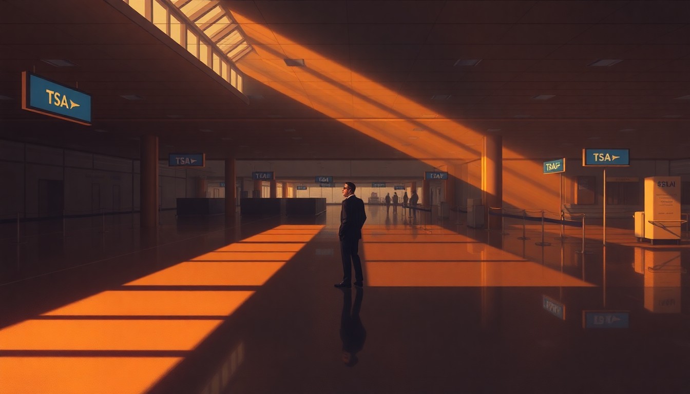 A cinematic painting depicting a solitary TSA agent standing in an empty airport terminal, the scene bathed in warm, diagonal sunlight and deep shadows, conveying a sense of melancholy and the human impact of the government shutdown.