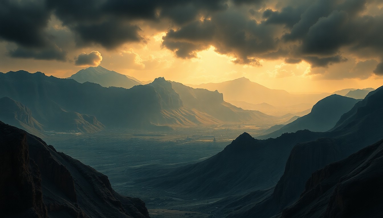 A sweeping, atmospheric landscape painting in muted tones, with the faint outlines of damaged structures barely visible amidst the overwhelming scale of the natural environment, conveying the overwhelming power of a major earthquake.