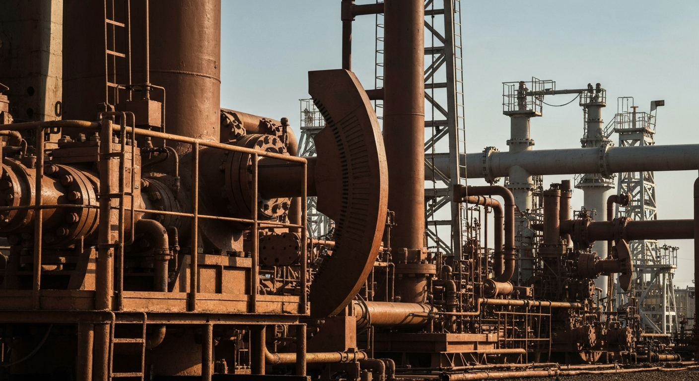 An extreme close-up of complex, interlocking metal gears and hydraulic components, representing the heavy machinery and industrial infrastructure that powers the global energy sector.