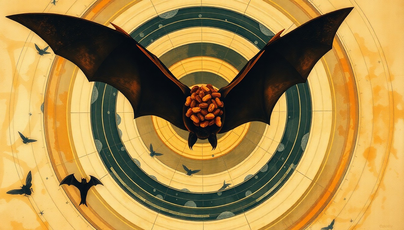 An abstract, highly structured painting in soft, flat colors depicting sweeping geometric arcs, concentric circles, and precise botanical spirals, conceptually representing the complex scientific forces and ecological benefits of bats in urban areas.