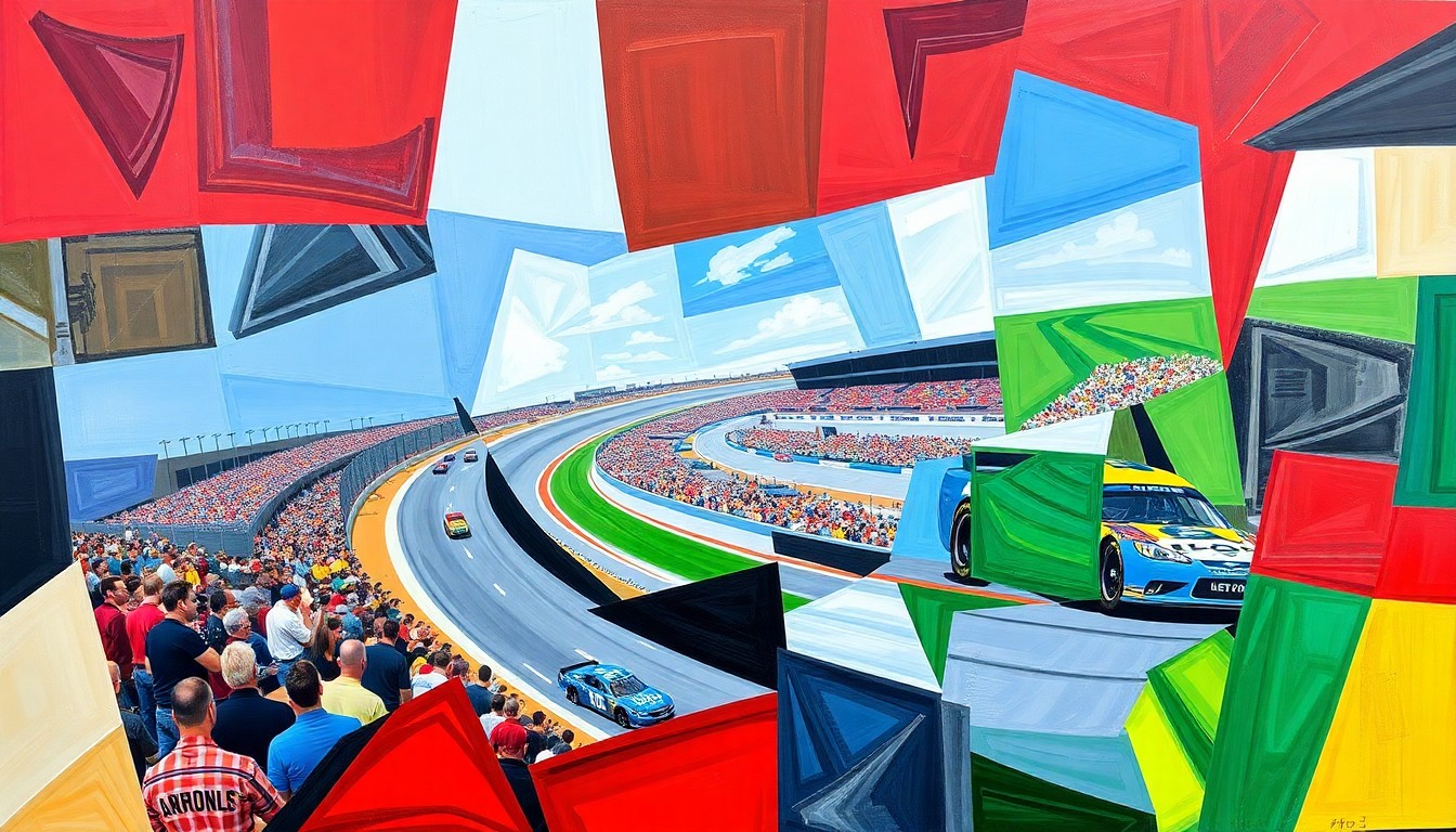 A fractured, multi-perspective painting in bold, geometric shapes and vibrant colors, capturing the energy and excitement of a NASCAR race at Bristol Motor Speedway.