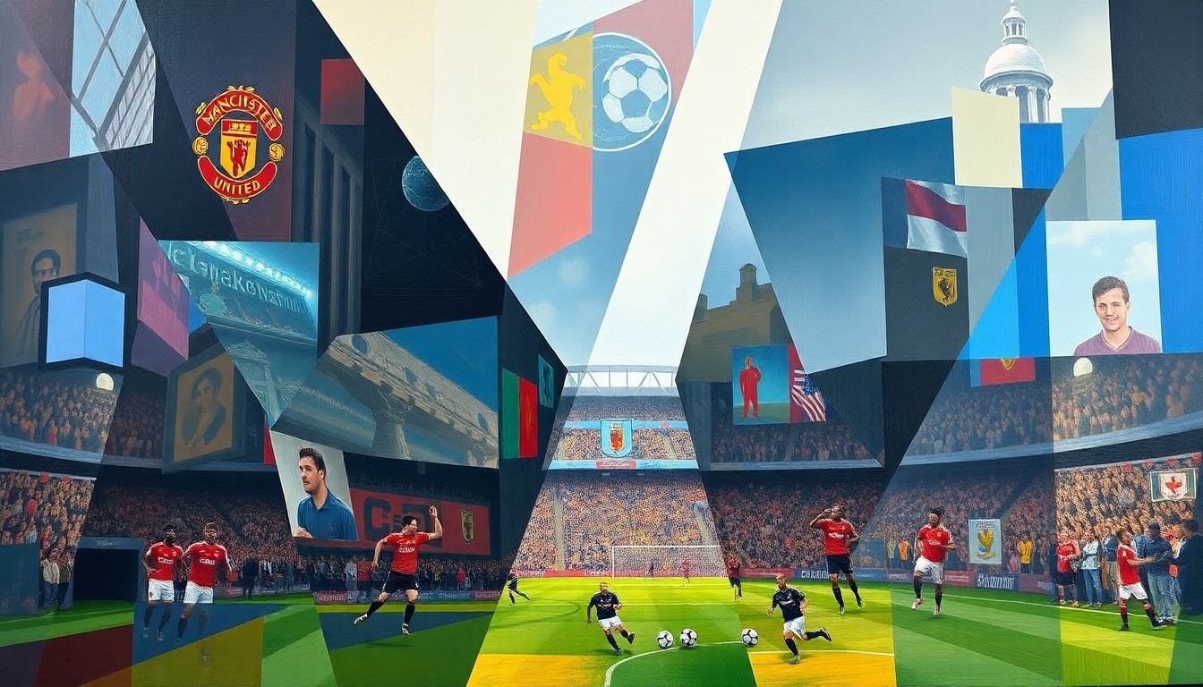 A fragmented, geometric painting depicting a soccer match between Manchester United and Aston Villa, with the players and ball represented as sharp, overlapping shapes in a cubist style.