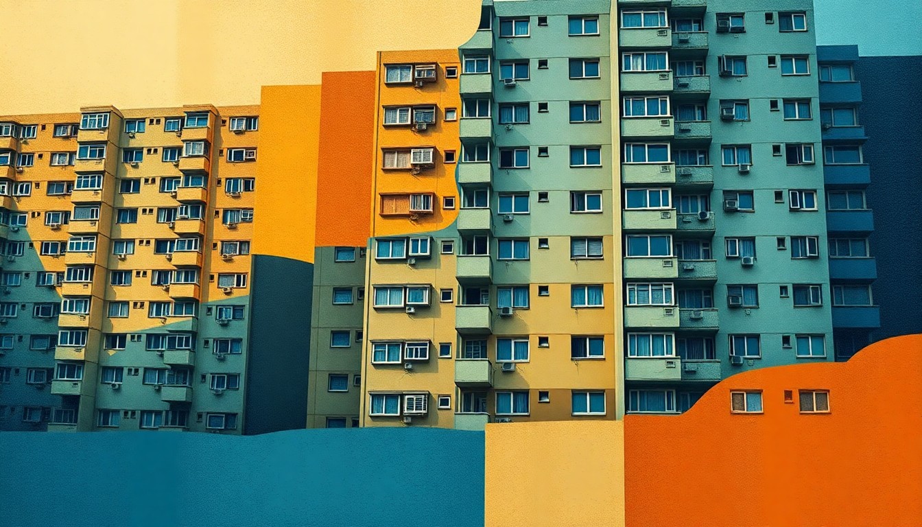 A highly textured, fragmented painting in shades of ochre, sienna, and cerulean blue, depicting the abstract form of a multi-unit apartment building, conveying a sense of motion and change.