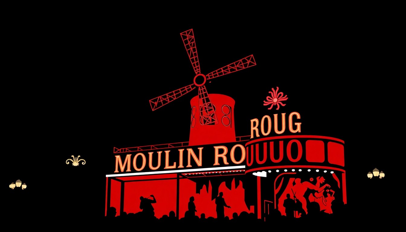 An abstract, minimalist illustration featuring sharp, jagged black silhouettes and geometric shapes in a high-contrast composition, conceptually representing the bold, visually striking nature of the Moulin Rouge! musical on Broadway.