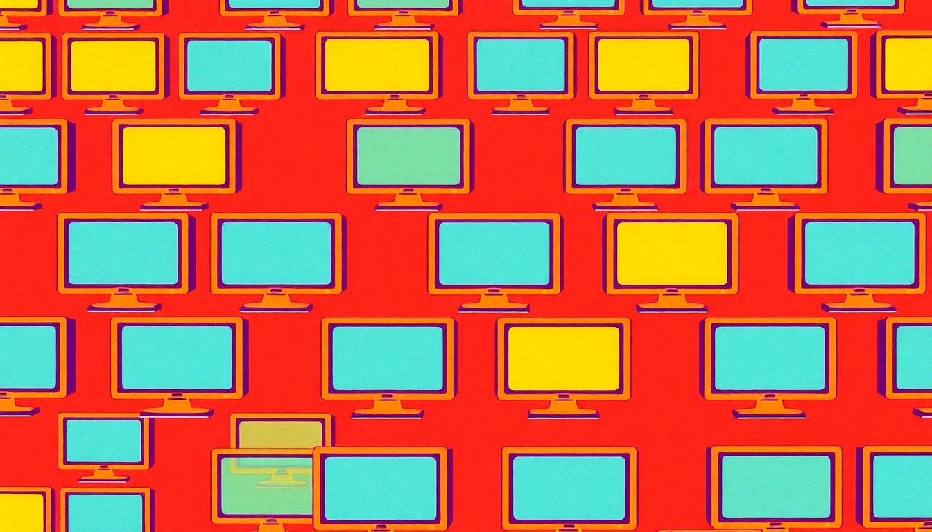 A vibrant, pop art-inspired illustration featuring a repeating grid of stylized computer monitor icons in a bold, neon color palette, conceptually representing the technology-focused curriculum at RiverTech magnet school.