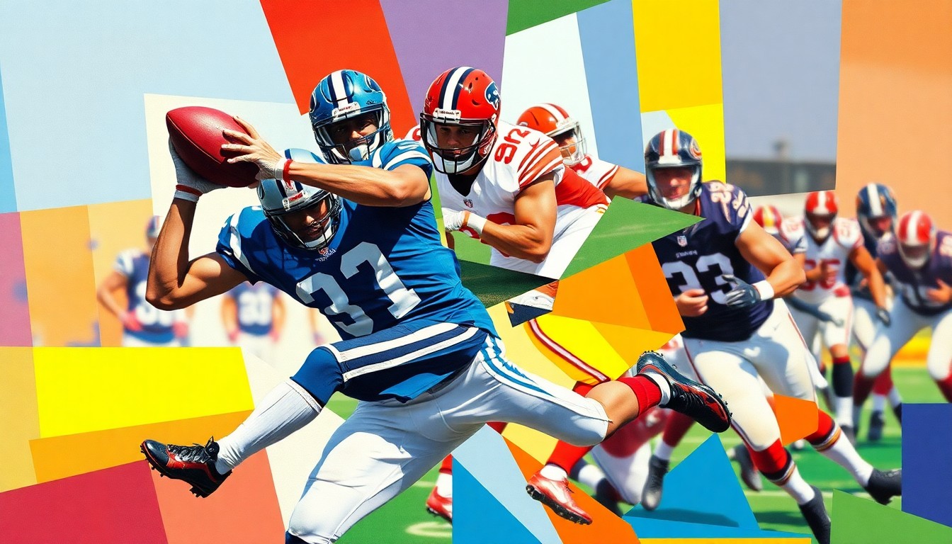 A fractured, multi-perspective painting depicting a cornerback making a play on the ball, with sharp, overlapping geometric planes in vibrant colors representing the team uniforms.
