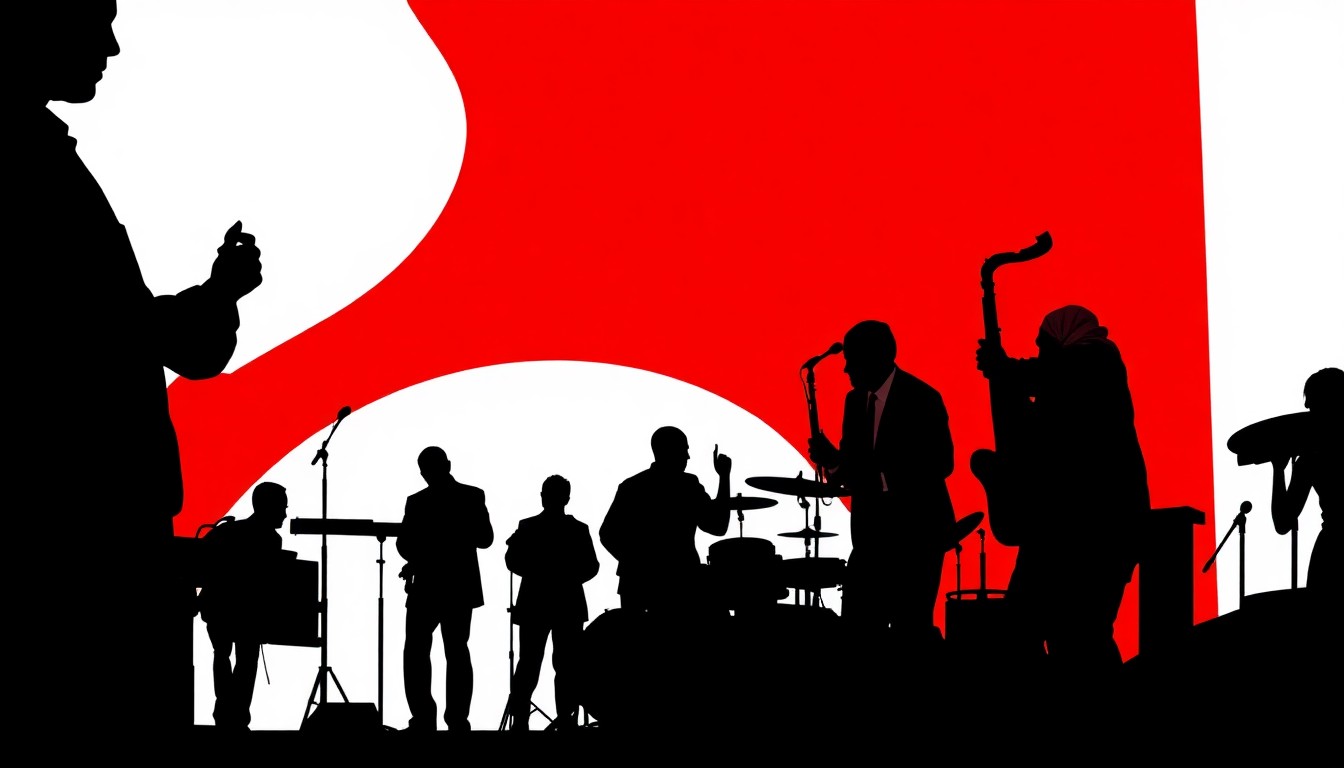 An abstract, minimalist illustration featuring bold black silhouettes and high-contrast solid colors, conceptually representing the energy and community of a live jazz performance.