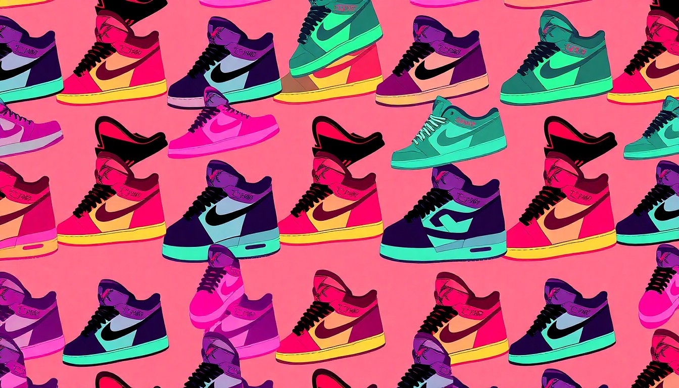 A high-contrast silkscreen-style illustration featuring a single iconic Air Jordan sneaker model repeated in a grid pattern, rendered in a bold, neon color palette with heavy black outlines, creating a modern pop art effect.