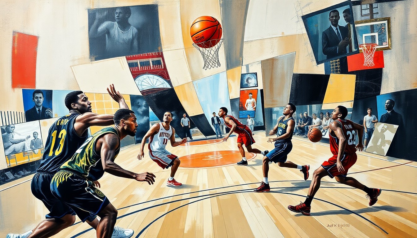A fractured, multi-perspective painting depicting a basketball game, with players and the ball broken down into sharp, overlapping geometric shapes and planes, creating a dynamic, abstract composition.