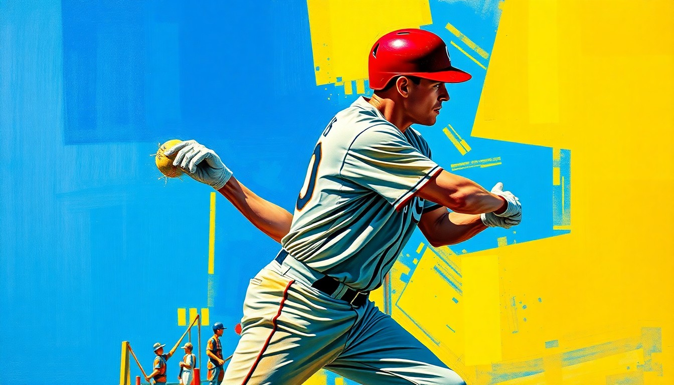 A fragmented, geometric painting depicting a baseball player's batting stance or swing, with sharp, overlapping planes of color and movement.